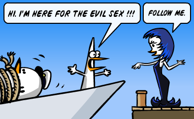Hi, i'm here for the evil sex! - Follow me. The boat arrives at the pier, Pid'jin is welcomed by a woman.