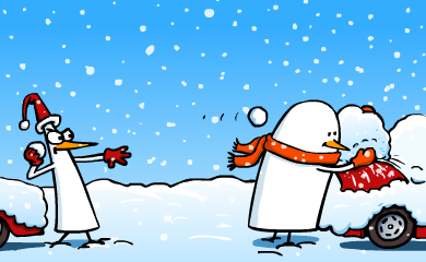 Pid'Jin throws another snowball at Fredo, while Fredo is building up a huge snowball. Pid'Jin throws another snowball at Fredo, while Fredo is building up a huge snowball.